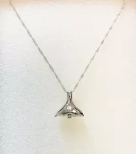Whale Tail Cage Pendant Necklace Set with Pearl, Stainless Steel Chain 16 inches - Picture 1 of 3