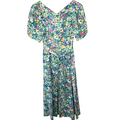 VTG Petite Lanz Originals Cottage Pastel Floral Eyelet Short Sleeve Midi Dress 8 - Image 1 of 4