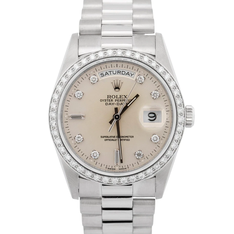 Rolex Day-Date President FACTORY DIAMOND 36mm Silver 950 Platinum Watch 18346 - Image 1 of 4