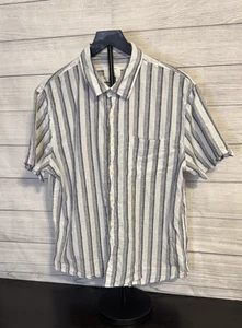 American Eagle Men’s Shirt L Blue White Stripe Linen Cotton Short Sleeve EC - Picture 1 of 7