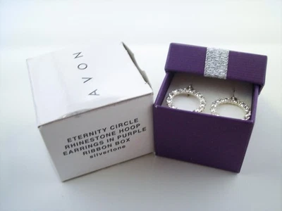 Avon 2007 Eternity Circle Rhinestone Hoop Earrings in Purple Ribbon Box - NEW - Image 1 of 4