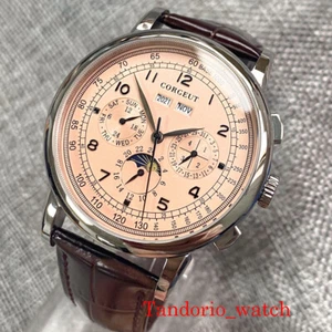 Corgeut 42mm Pink Dial Day Week Month Multifunction Automatic Mens Watch Leather - Picture 1 of 10