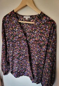Women's Floral Balloon Sleeve Faux Wrap Top M V-Neck Purple Ophelia Roe - Picture 1 of 9