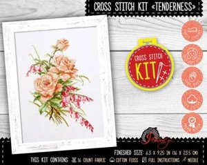 Pink roses cross stitch kit "Tenderness" Flower embroidery kit DIY Handmade Gift - Picture 1 of 10