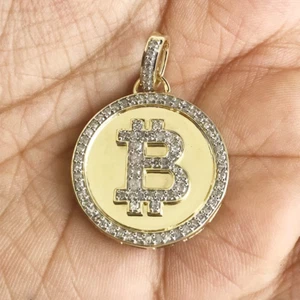 14K Real Yellow Gold Plated Bitcoin Pendant 2 CT Round Moissanite Men's Charm - Picture 1 of 6