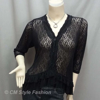 Elegante Blusa Cárdigan Transparente de Encaje Floral Negra M/L Foto 1 de 4