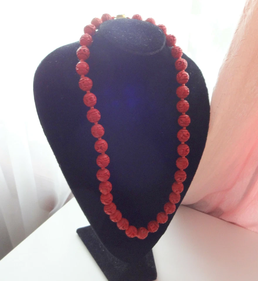 Vintage Old Chinese Dip Carved Red CINNABAR 29" Long 15mm Bead NECKLACE Knotted  Foto 1 de 4