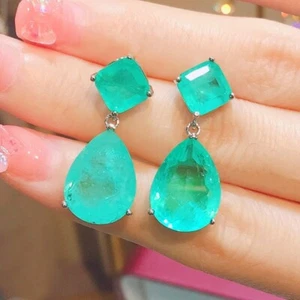 New Handmade Charm Neon Blue Tourmaline Gems Women Silver Stud Dangle Earrings - Picture 1 of 6