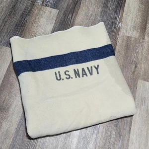 Vintage WW2 Era US Navy Cream Blanket USN Wool 54" x 76" - Stains As Shown - Picture 1 of 9