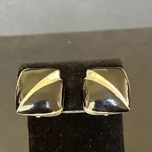 Vintage schwarze Krawatte Emaille silberfarben schwere Clip auf glänzende Ohrstecker Retro - Bild 1 von 7