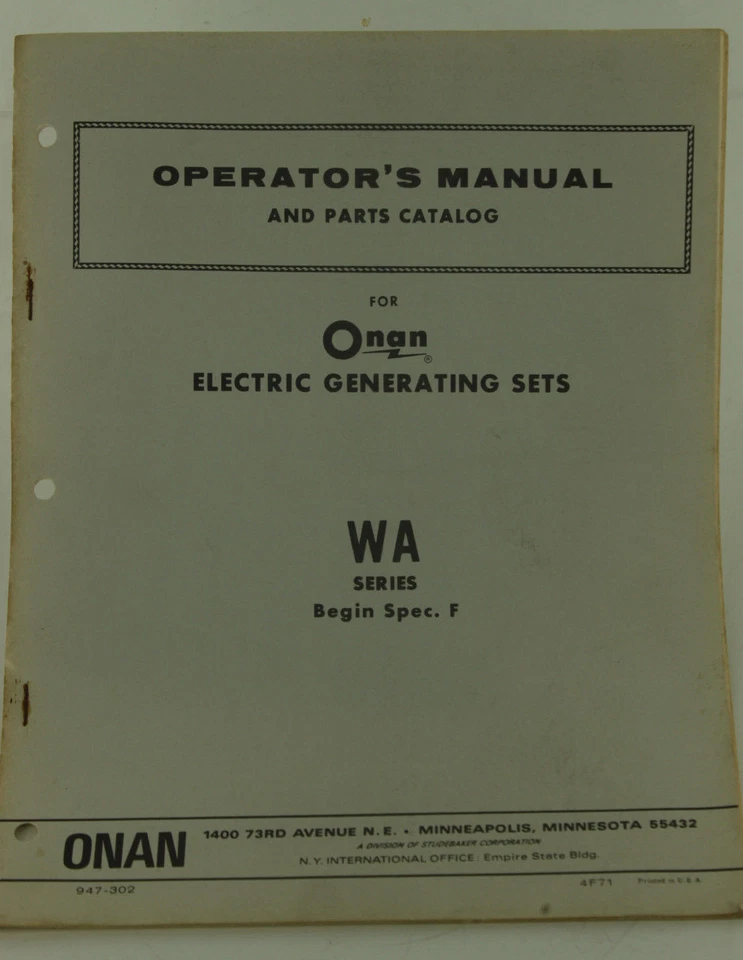 Vintage ONAN WA Series Electric Generator Operators Manual & Parts Catalog #2 - Image 1 of 1