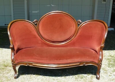 Antique 19th C. Settee Sofa Walnut Trim Velvet Upholstery 59"Long - Image 1 of 4