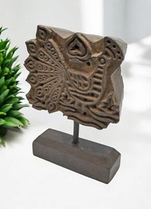 Antique Wooden Textile Printing Block Carving on Stand Original Old Fine Hand Ca - Picture 1 of 7