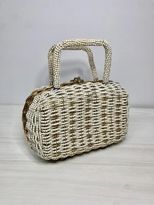 RARE Vtg 1960’s Walborg WHITE BEADED GOLD WOVEN METAL Evening Clutch Top Handle! - Picture 1 of 21