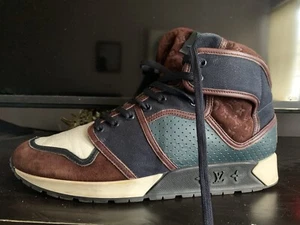 LOUIS VUITTON UPSIDE DOWN SNEAKERS MEN's SIZE 8 MONOGRAM PATCHWORK HIGH TOP Auth - Picture 1 of 4