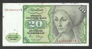 GERMANY 20 mark 1980 circulated, low serial GQ 0000547 M - Picture 1 of 2