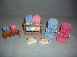Fisher Price Loving Family Dollhouse Twin Baby Lot Highchair Car Seat Chair 6 Pc - Picture 1 of 12