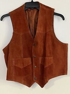 Vintage Handmade Lined Leather Suede Men's Vest Size 44 Western Caramel Color