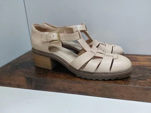 Clarks Somerset T-Bar Mary Jane Cream Beige Leather Sandals Shoes UK 7 D Woven - Picture 1 of 13