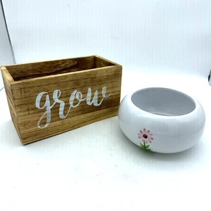 Holz "Grow" Box & handbemalte Keramik Blumen Wildblumen Übertopf Wohndeko Set - Bild 1 von 6