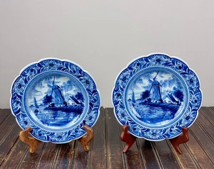 Vintage Hand Painted Delft Blauw Holland Plates Set 2 Windmill Floral Scalloped - Picture 1 of 9