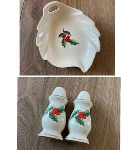 PIATTO DI CARAMELLE VINTAGE PICKARD CHINA NATALE AGRIFOGLIO con shaker sale pepe abbinato - Foto 1 di 7