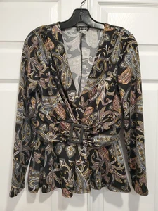 Venus dunkle Paisley/Blumenmuster Wickelbluse Langarm Schnalle Akzent Größe M - Bild 1 von 8