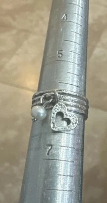 VTG Or Paz Israel 925 Sterling Silver PZ Hammered Heart & Pearl Charm Ring Sz 6 - Image 1 of 4