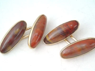 ANTIQUE VICTORIAN SOLID 10K GOLD  & AGATE PETRIFIED WOOD CUFFLINKS - Image 1 of 4
