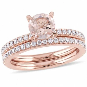 14K ROSE GOLD ROUND MORGANITE AND DIAMOND ENGAGEMENT RING BAND BRIDAL SET 1.90CT - Picture 1 of 1