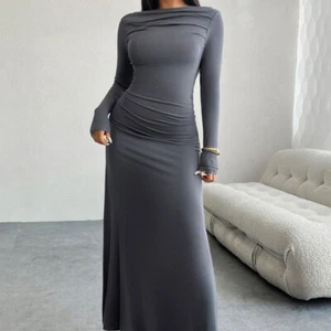 Damen Boot Hals Langärmeliges Kleid Maxi Bodycon Elegant Sexy Freizeit Party - Picture 1 of 20