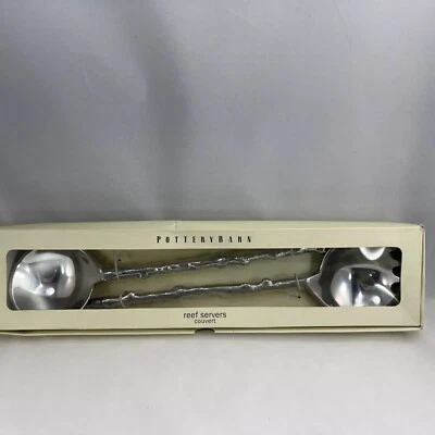 Pottery Barn Reef Servers Silver Tone 2 Piece Serving Set Fork Spoon New In Box - Image 1 of 4