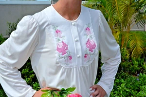 SHADOWLINE Night Gown, White w/ Pink Floral Embroidery, Knee Length NOS w/Tags - Picture 1 of 10