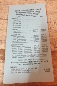 1962 FORD USA Original   Dealer Price Guide- Fairlane Galaxie Falcon - Picture 1 of 4