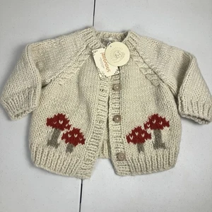 Huggalugs Mushroom Natural Cardigan Sweater Size 3T - 4T Handmade Wooden Buttons - Picture 1 of 12