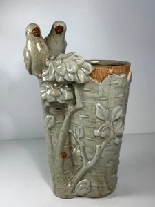 Vintage Majolica Sage Green Parakeets on Bamboo Vase 11 in. - Picture 1 of 12