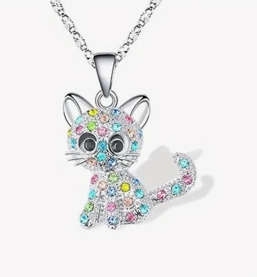 Silver Multi Color Rhinestone Kitty Cat Pendant Necklace Girls Jewelry - Image 1 of 3