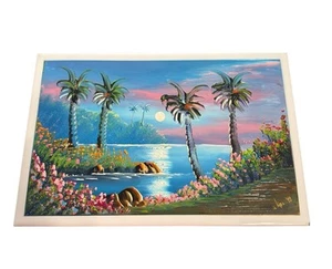 Large Tile Painted Beach Ocean Scene Signed Terra Cotta Pottery 11.75”x 7.75” - Picture 1 of 13