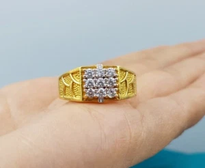 Genuine Gold Ring 22K Men Wedding Ring Gift Textured Three Row Round Cut CZ Ring - Picture 1 of 9