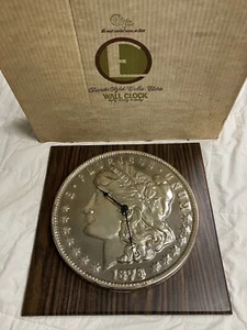 VINTAGE ELGIN ATOMIC MORGAN SILVER DOLLAR WALL CLOCK 70’s MIDCENTURY WORKS W BOX - Picture 1 of 8