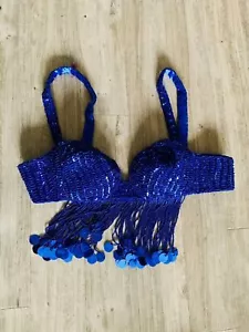 Reggiseno vintage con perline blu danza del ventre carnevale paillettes top nappa frange - Foto 1 di 5