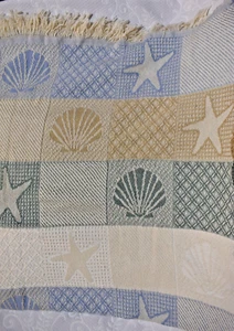 Throw Blanket Seashells Seashore Starfish Design Multicolor Fringed Cotton - Picture 1 of 9