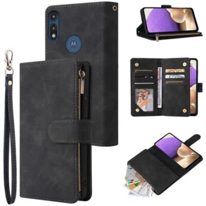 Motorola Moto E5 Play Wallet Case Zipper Pocket Flip Card Wrist Strap Kickstand - Picture 1 of 34