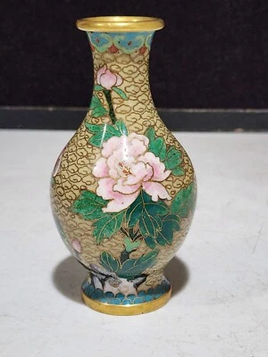 Vintage Brass ASIAN Cloisonne 5"  Vase Beige and Blue - Image 1 of 4