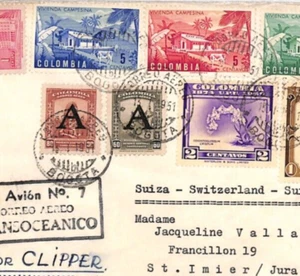 COLOMBIA Air Mail Cover *A* Overprints CLIPPER Bogota 1951 SWITZERLAND YV17 - Picture 1 of 14