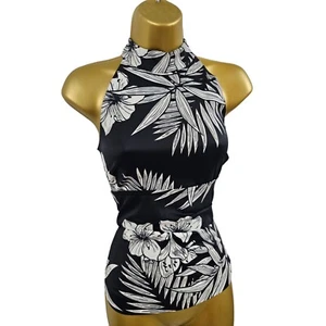 10 UK KAREN MILLEN Vintage Black Oriental Chinese Floral Halterneck Top Blouse - Picture 1 of 10