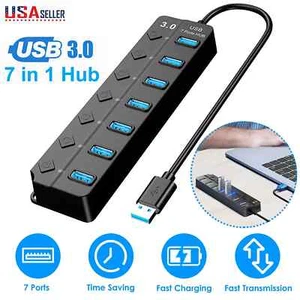 7 Port USB 3.0 Hub Splitter Adapter Charge High Speed For PC Laptop Mac Desktop - Picture 1 of 8