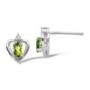 14K Solid White Gold Peridot Diamond Heart Stud Earrings - Picture 1 of 4