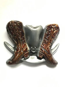 Western Cowboy Boots and Hat Solid Design Belt Buckle with Mini Horseshoe Design - Picture 1 of 2
