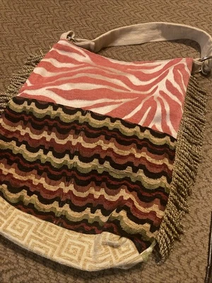 Tapestry Curtain Woven Fringe Fabric Tote Bag with Top Straps Boutique Boho Rare - Image 1 of 4